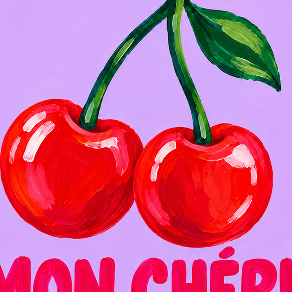 Mon Chéri Kiraz İllüstrasyonlu Pastel Mor Poster — baskının yakın çekimi, kâğıt dokusu ve renk detayı