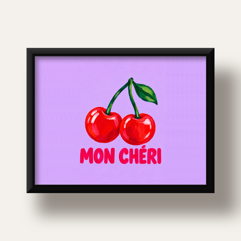 Mon Chéri Kiraz Poster – Yağlı Boya Stil, Mor Arka Plan — siyah derin çerçeveli