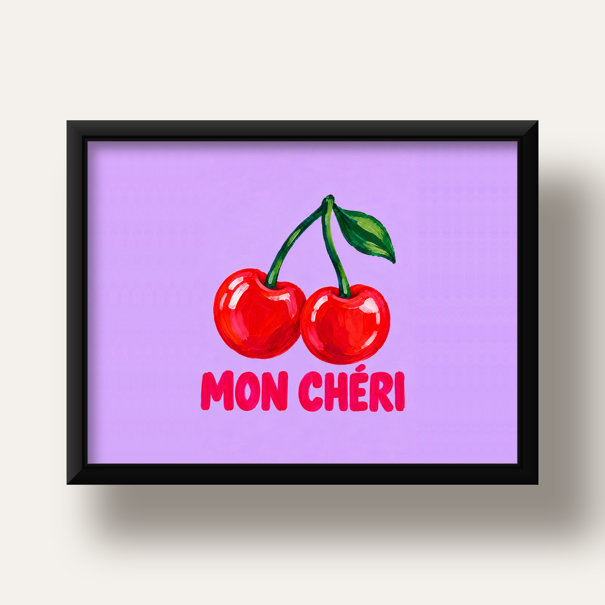 Mon Chéri Kiraz Poster – Yağlı Boya Stil, Mor Arka Plan — siyah derin çerçeveli