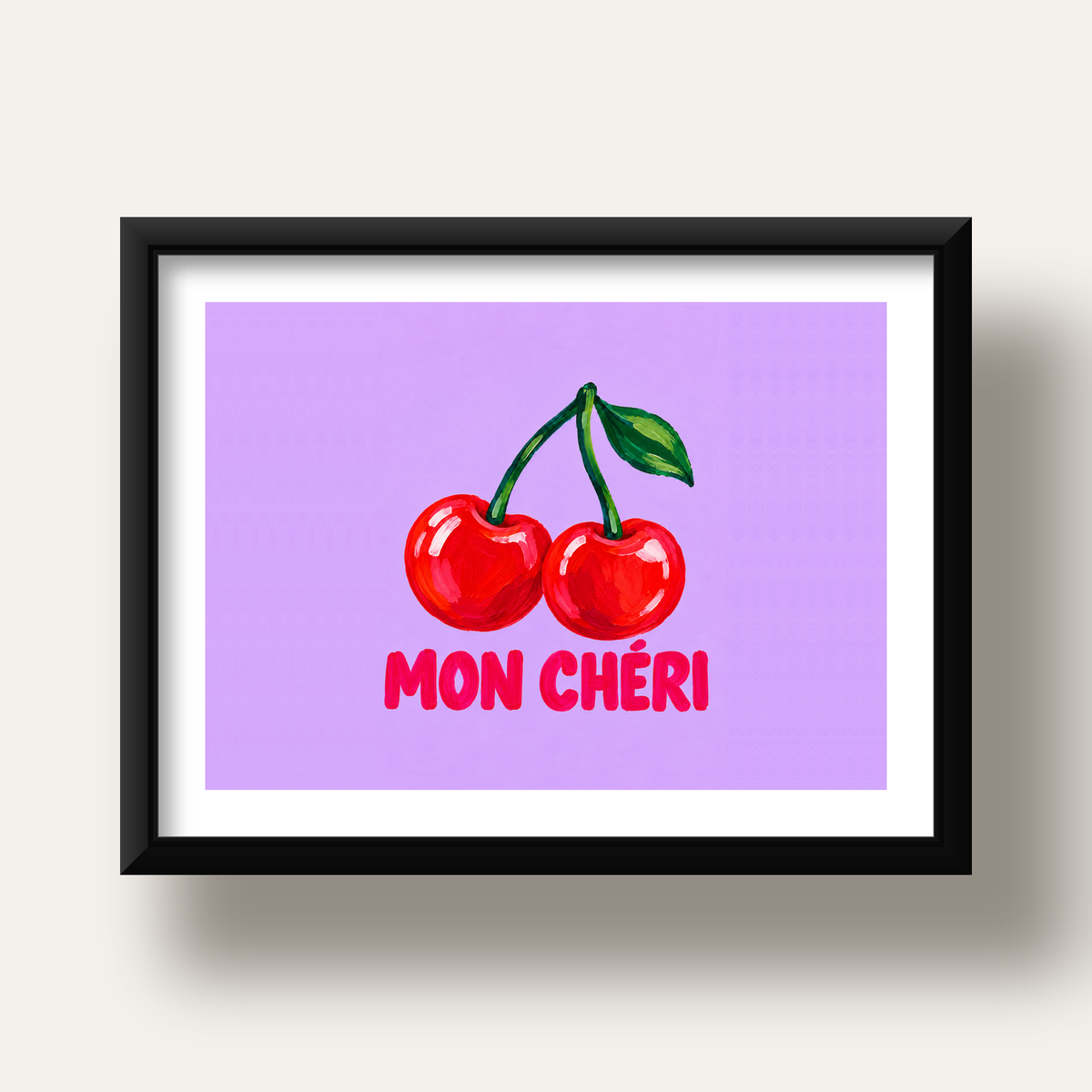 Mon Chéri Kiraz Poster – Yağlı Boya Stil, Mor Arka Plan — siyah derin çerçeveli paspartulu