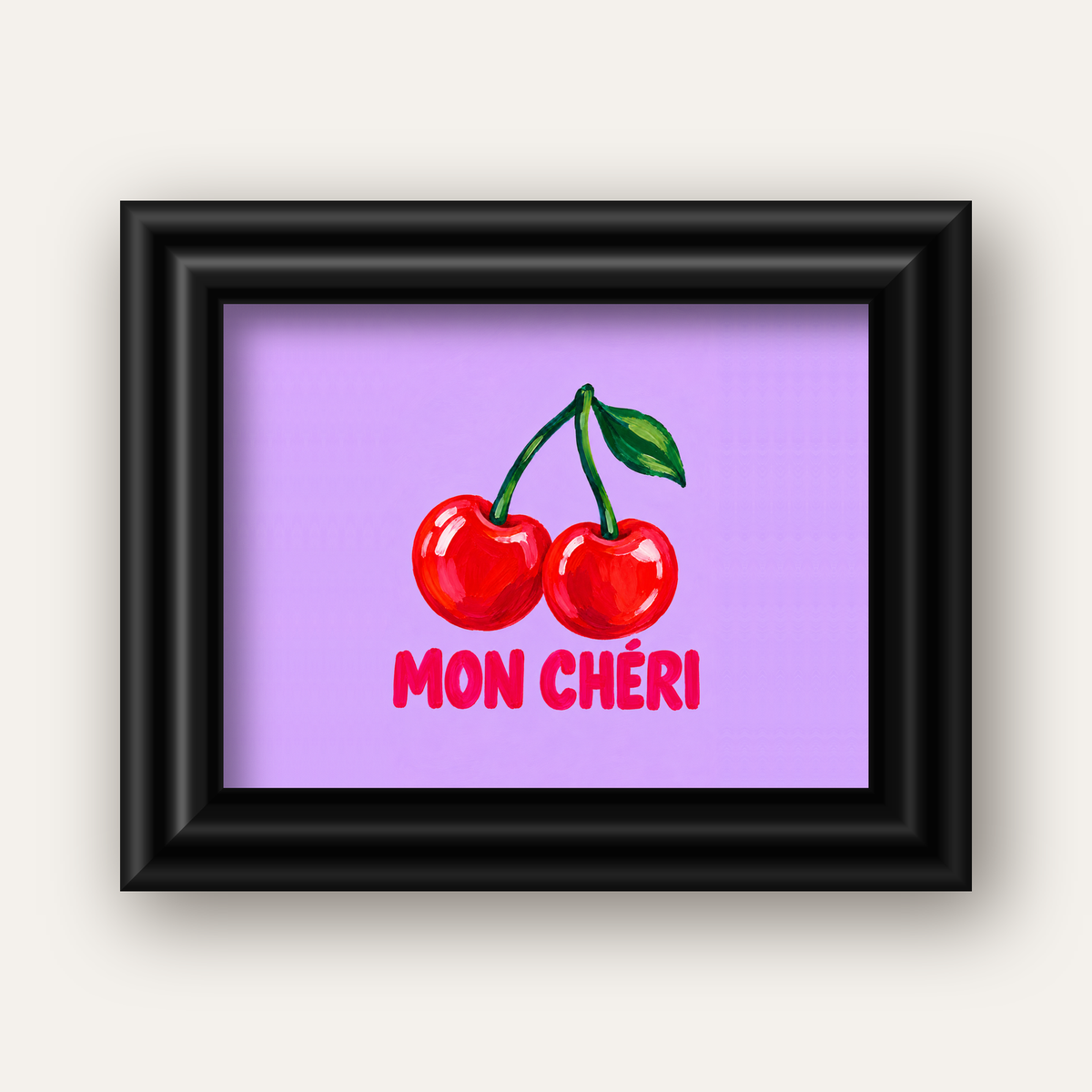 Mon Chéri Kiraz Poster – Yağlı Boya Stil, Mor Arka Plan — siyah galeri çerçeveli