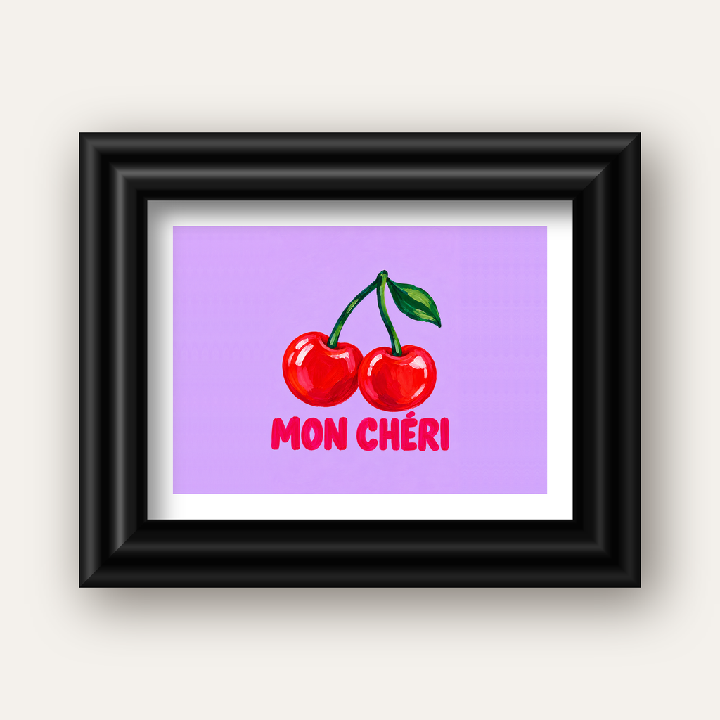 Mon Chéri Kiraz Poster – Yağlı Boya Stil, Mor Arka Plan — siyah galeri çerçeveli paspartulu