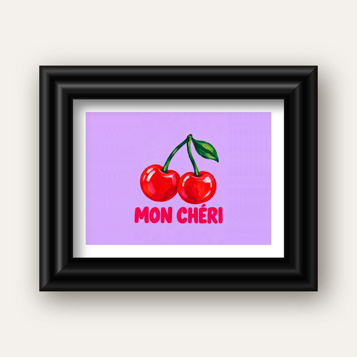 Mon Chéri Kiraz Poster – Yağlı Boya Stil, Mor Arka Plan — siyah galeri çerçeveli paspartulu