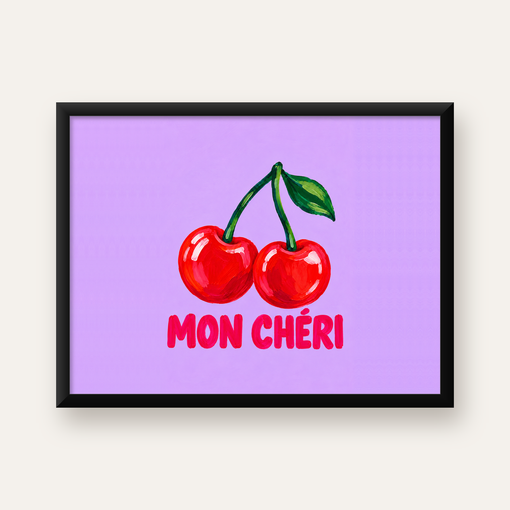 Mon Chéri Kiraz İllüstrasyonlu Pastel Mor Poster — Yatay baskı, düz siyah çerçeveli duvar posteri