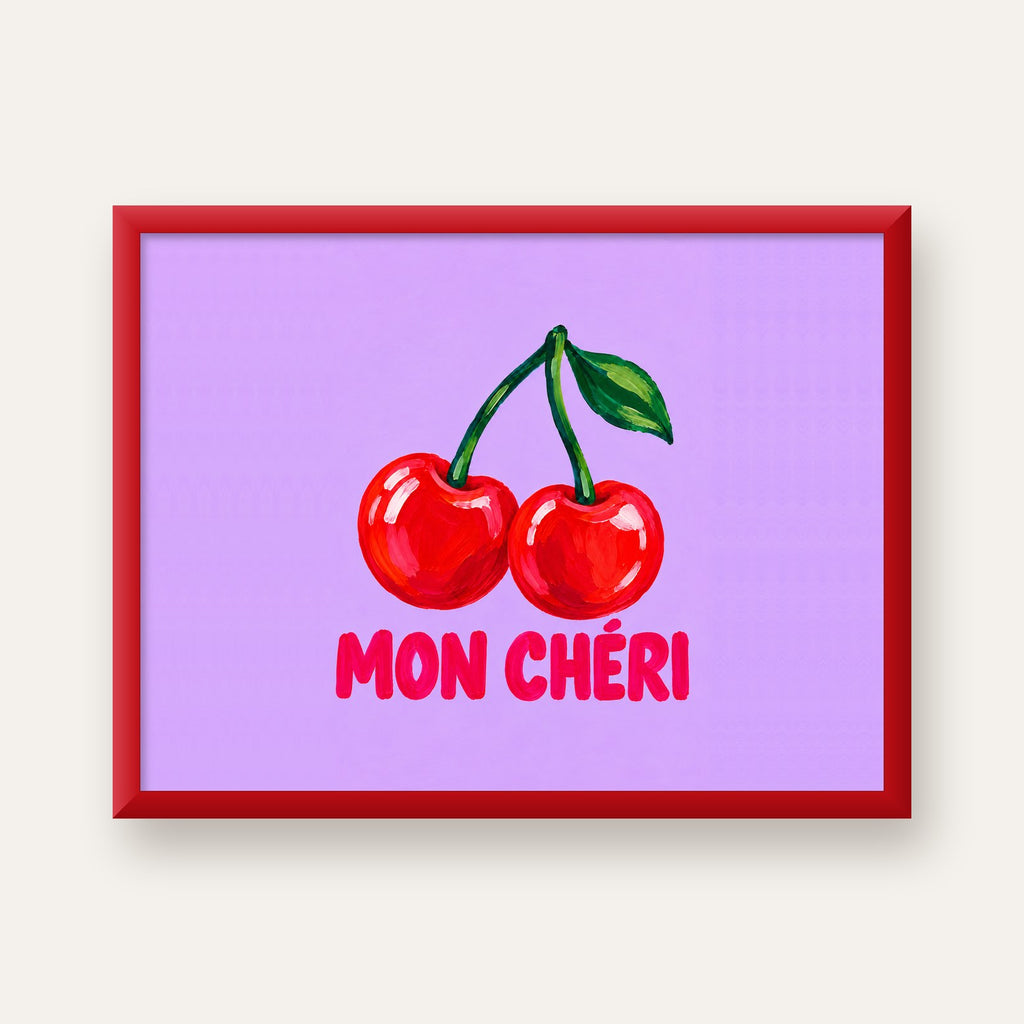 Mon Chéri Kiraz Poster – Yağlı Boya Stil, Mor Arka Plan — kırmızı çerçeveli