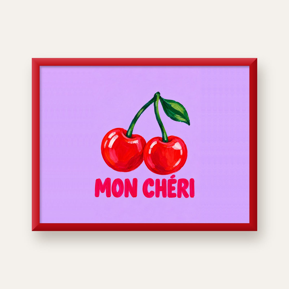 Mon Chéri Kiraz Poster – Yağlı Boya Stil, Mor Arka Plan — kırmızı çerçeveli