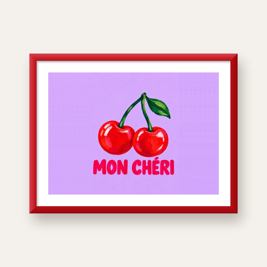 Mon Chéri Kiraz Poster – Yağlı Boya Stil, Mor Arka Plan — kırmızı çerçeveli paspartulu