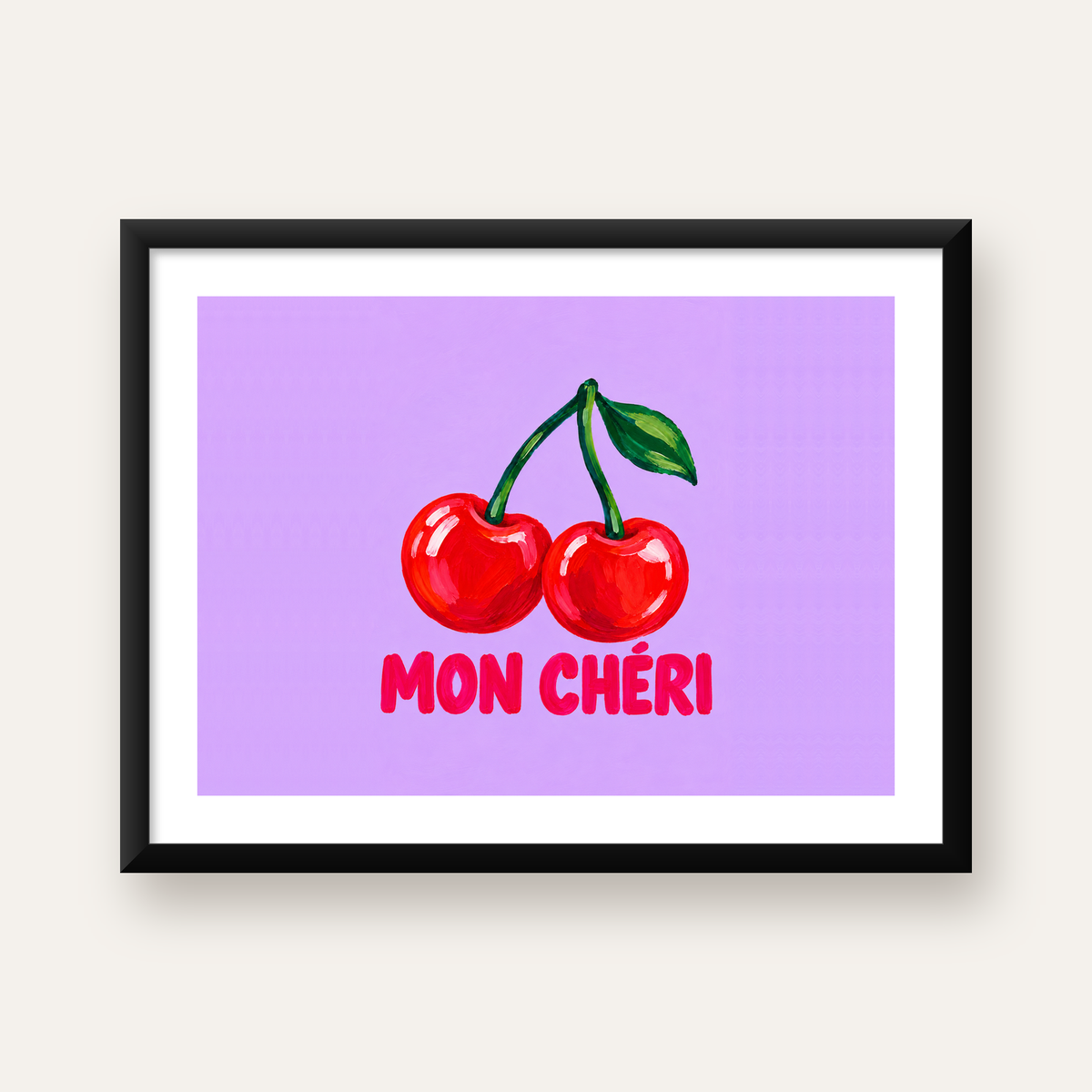 Mon Chéri Kiraz İllüstrasyonlu Pastel Mor Poster — Yatay baskı, beyaz kenar boşluklu