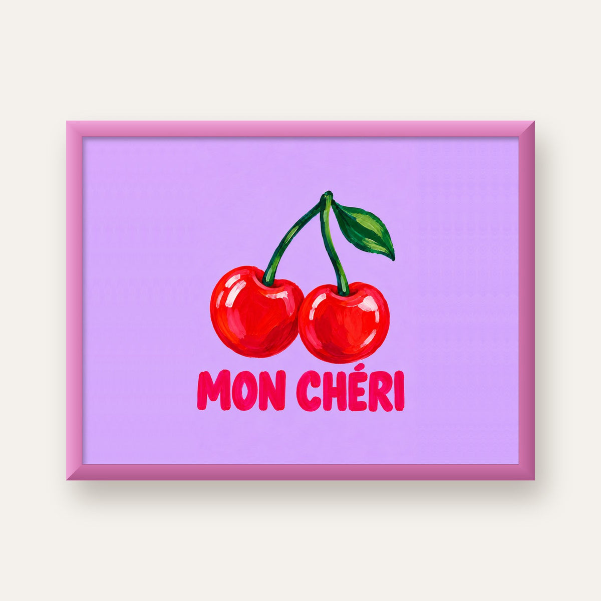 Mon Chéri Kiraz Poster – Yağlı Boya Stil, Mor Arka Plan — pembe çerçeveli