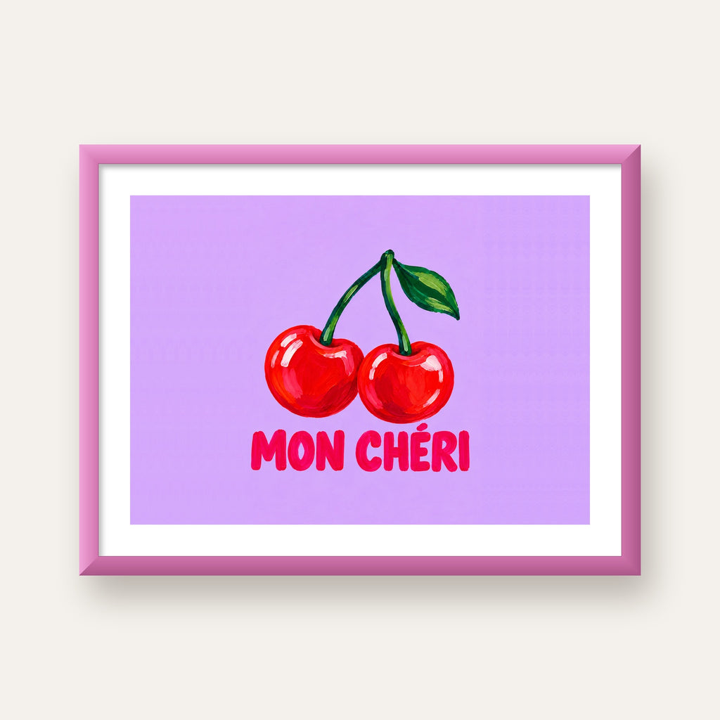 Mon Chéri Kiraz Poster – Yağlı Boya Stil, Mor Arka Plan — pembe çerçeveli paspartulu