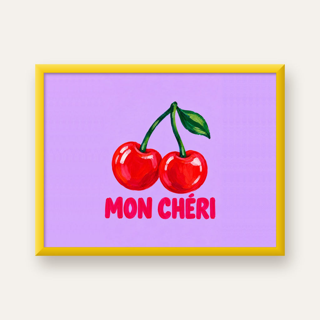 Mon Chéri Kiraz Poster – Yağlı Boya Stil, Mor Arka Plan — sarı çerçeveli
