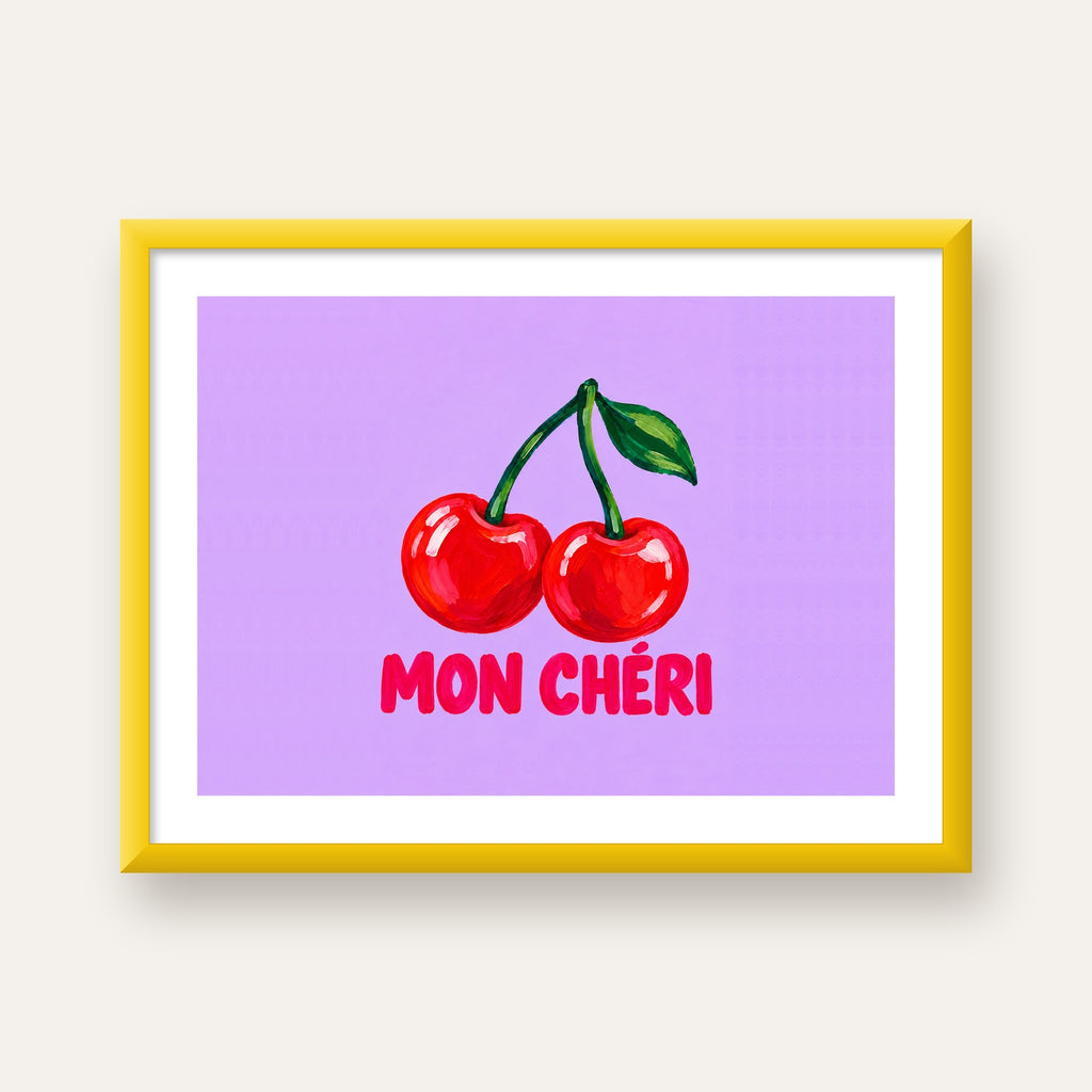Mon Chéri Kiraz Poster – Yağlı Boya Stil, Mor Arka Plan — sarı çerçeveli paspartulu