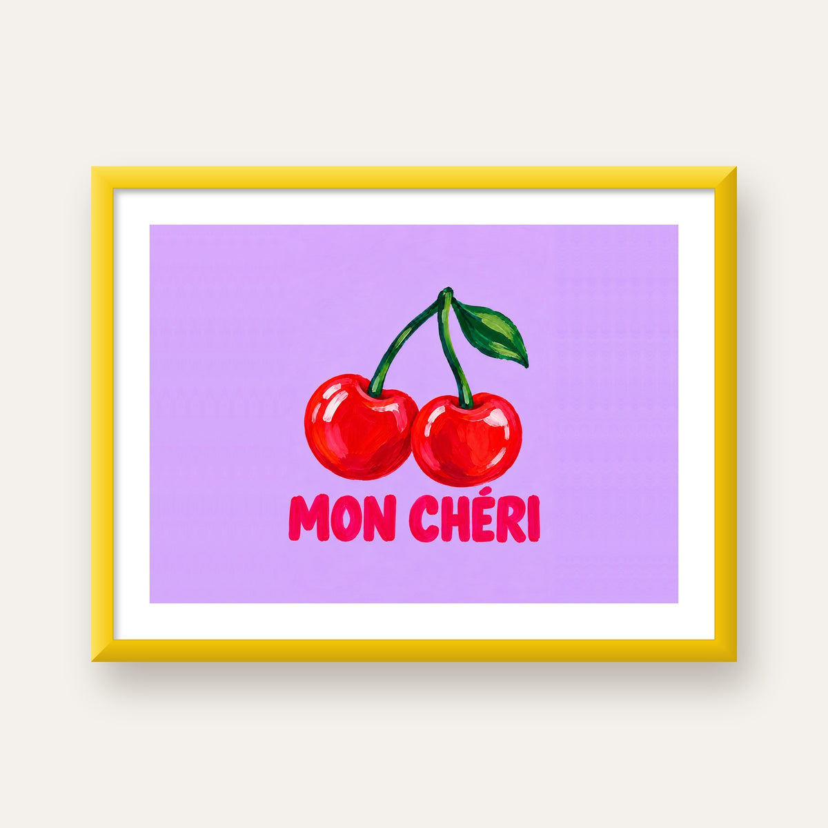 Mon Chéri Kiraz Poster – Yağlı Boya Stil, Mor Arka Plan — sarı çerçeveli paspartulu