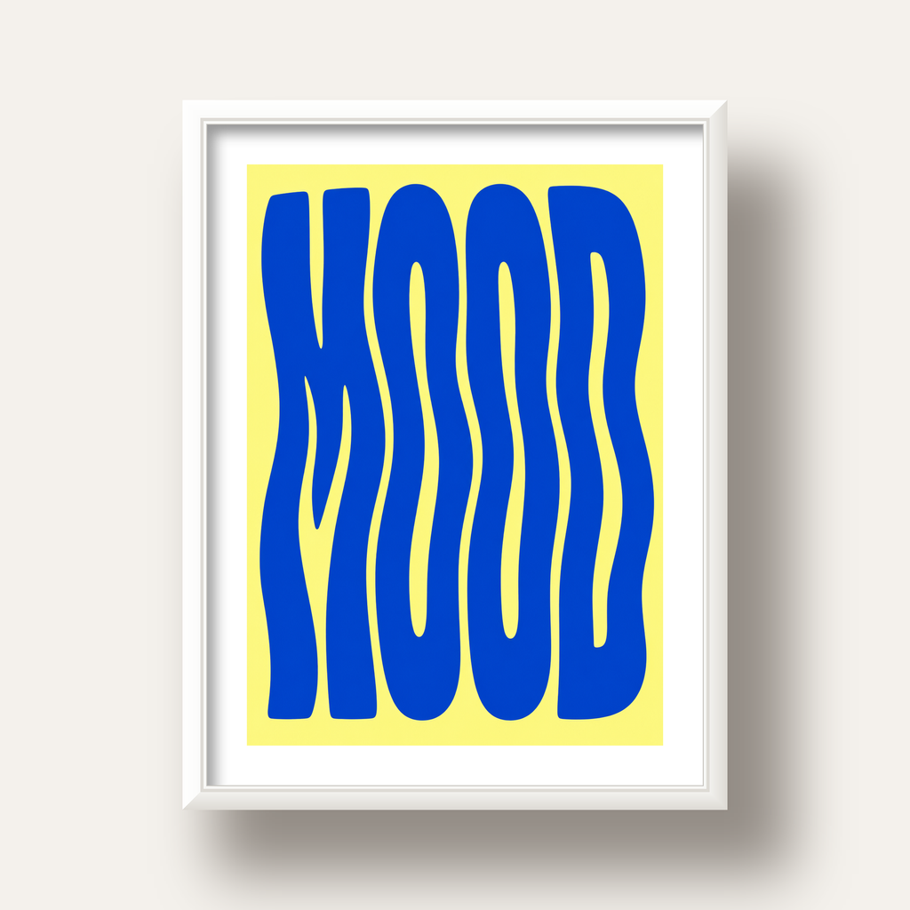Minimal Dalgalı MOOD Yazılı Renkli Poster Baskı — beyaz derin çerçeveli paspartulu