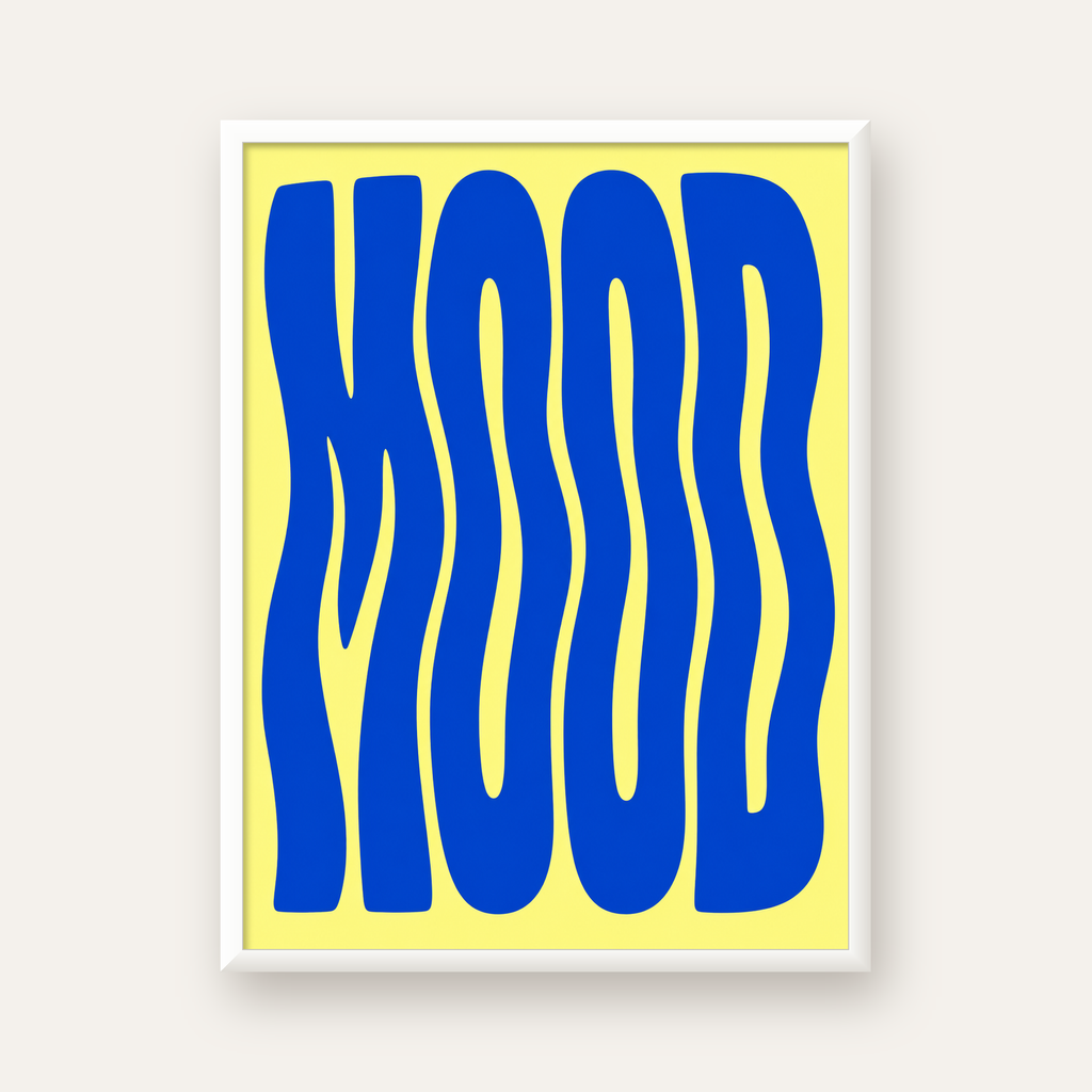 Minimal Dalgalı MOOD Yazılı Renkli Poster Baskı — beyaz çerçeveli dikey poster