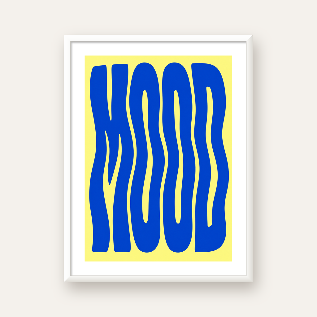 Minimal Dalgalı MOOD Yazılı Renkli Poster Baskı — beyaz çerçeveli dikey poster