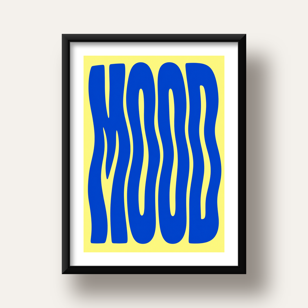 Minimal Dalgalı MOOD Yazılı Renkli Poster Baskı — siyah derin çerçeveli paspartulu