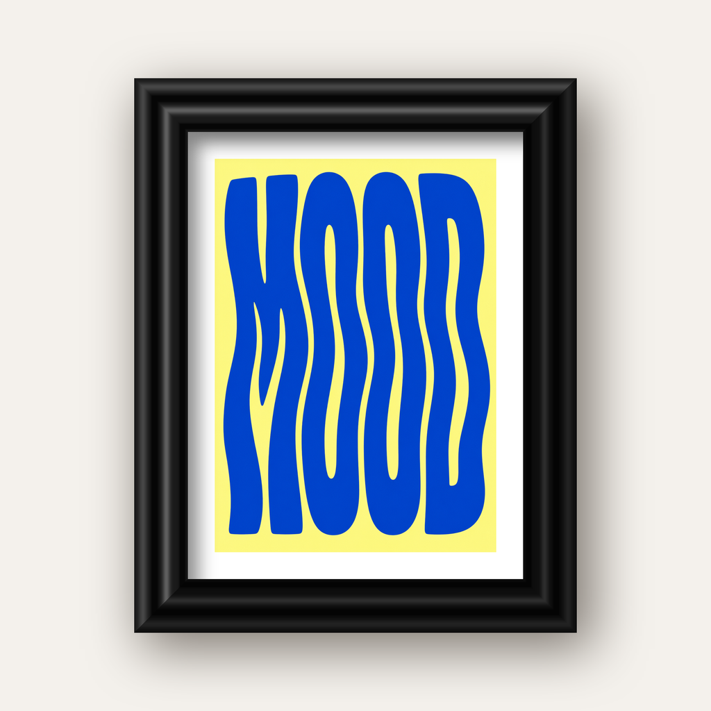 Minimal Dalgalı MOOD Yazılı Renkli Poster Baskı — siyah galeri çerçeveli paspartulu