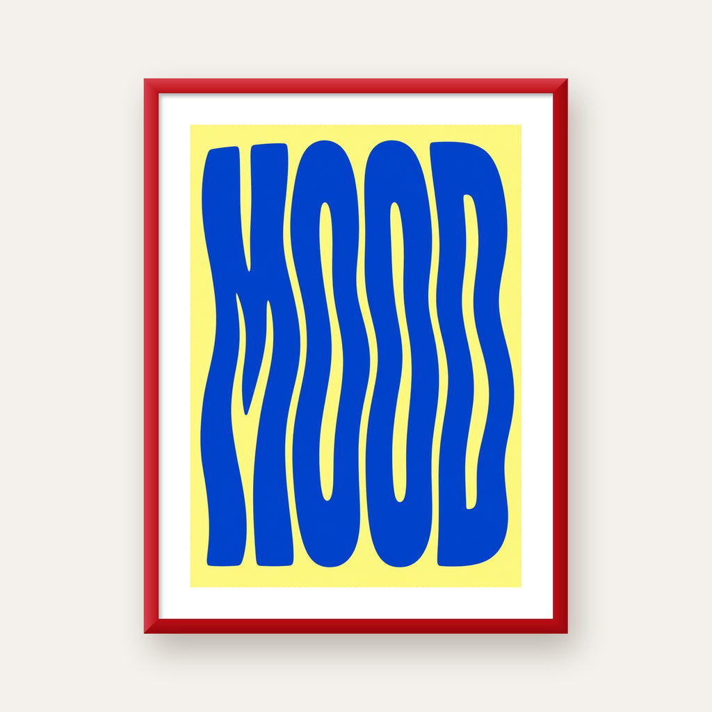 Minimal Dalgalı MOOD Yazılı Renkli Poster Baskı — kırmızı çerçeveli paspartulu