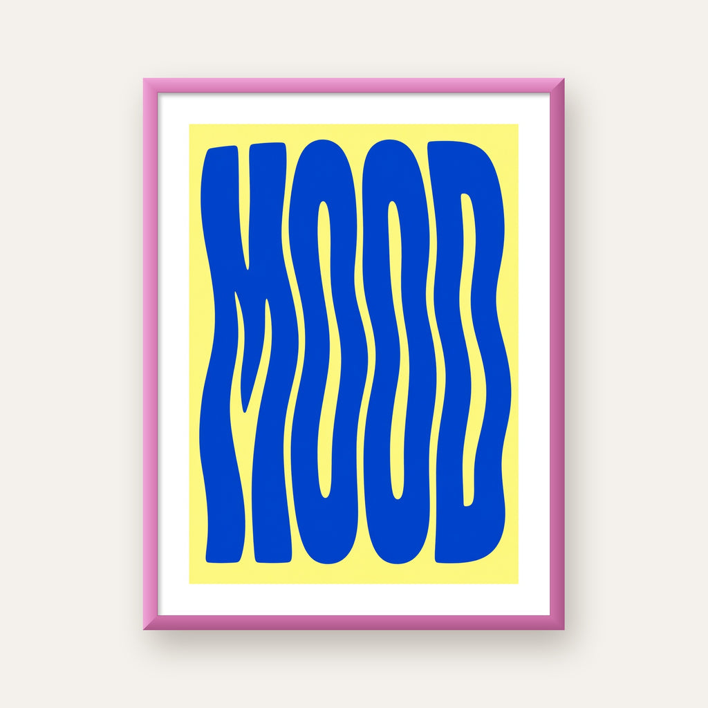 Minimal Dalgalı MOOD Yazılı Renkli Poster Baskı — pembe çerçeveli paspartulu