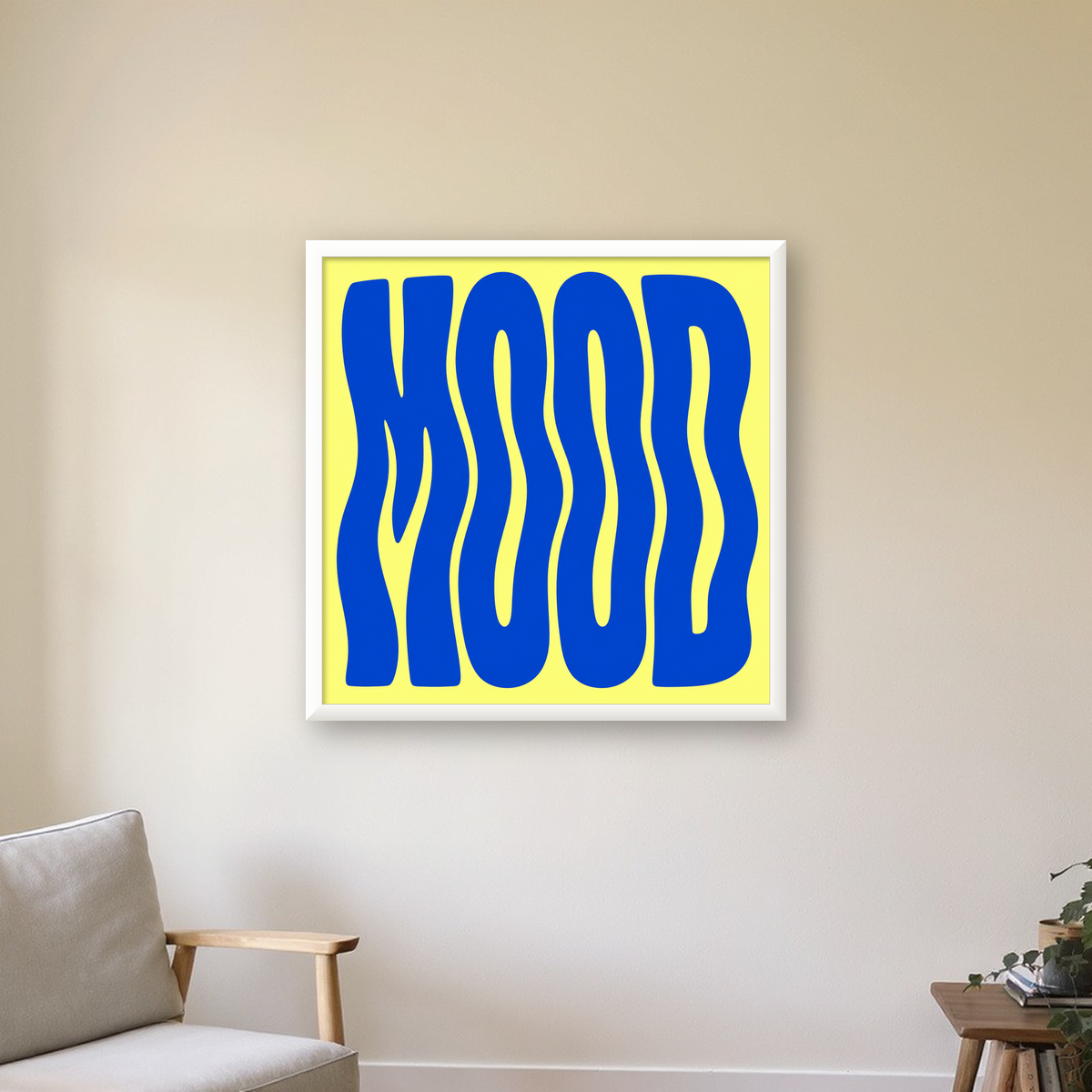 Minimal Dalgalı MOOD Yazılı Renkli Poster Baskı — beyaz çerçeveli kare poster