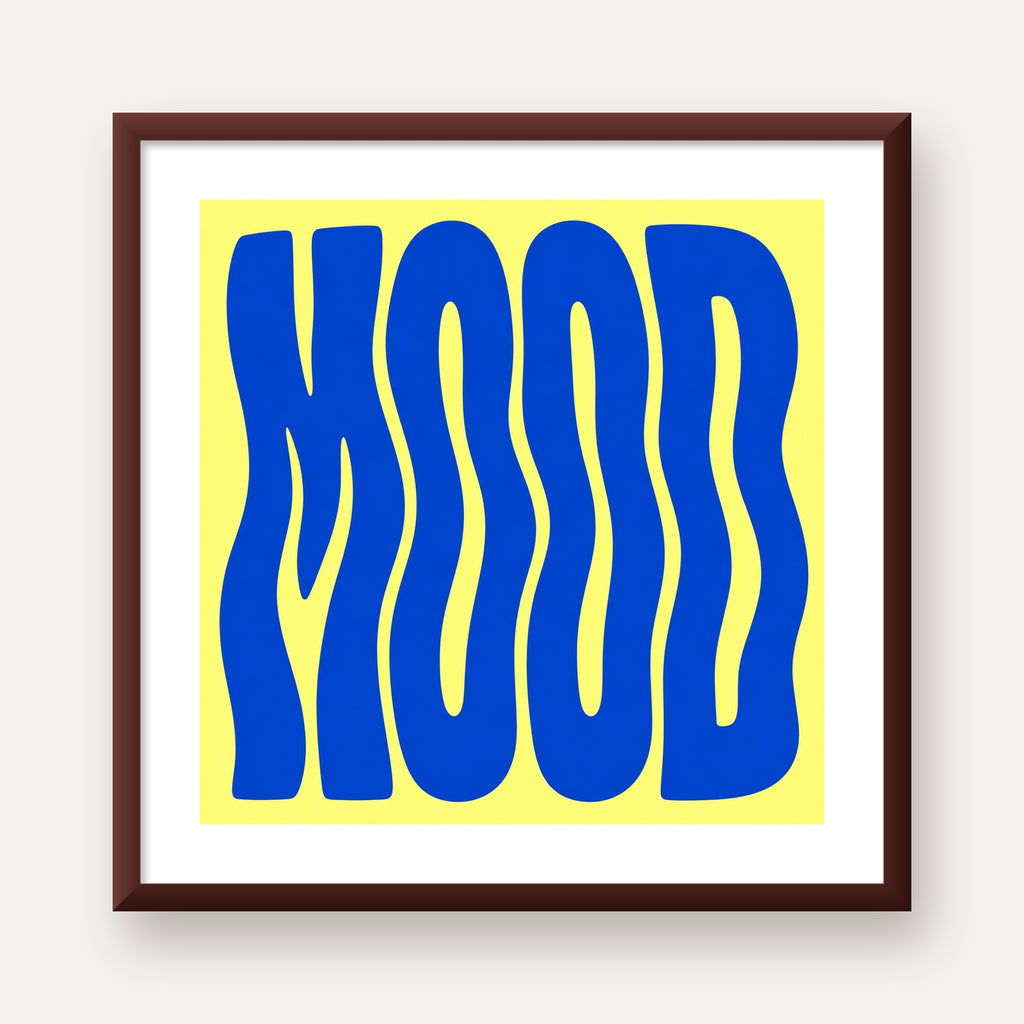 Minimal Dalgalı MOOD Yazılı Renkli Poster Baskı — ceviz çerçeveli paspartulu