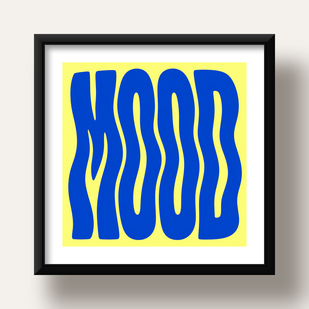 Minimal Dalgalı MOOD Yazılı Renkli Poster Baskı — siyah derin çerçeveli paspartulu