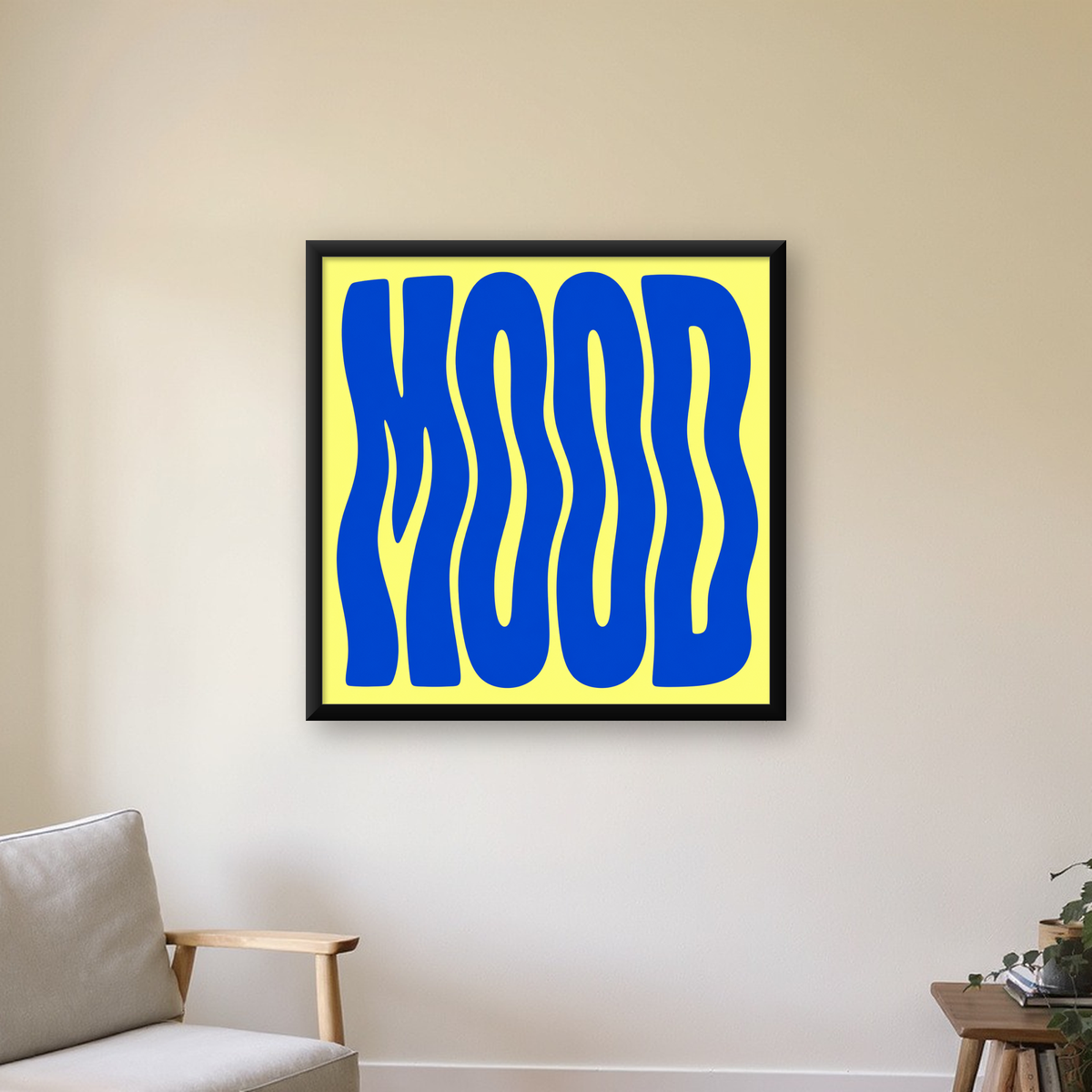 Minimal Dalgalı MOOD Yazılı Renkli Poster Baskı — Kare baskı, çerçeveli hâliyle bir ev duvarında