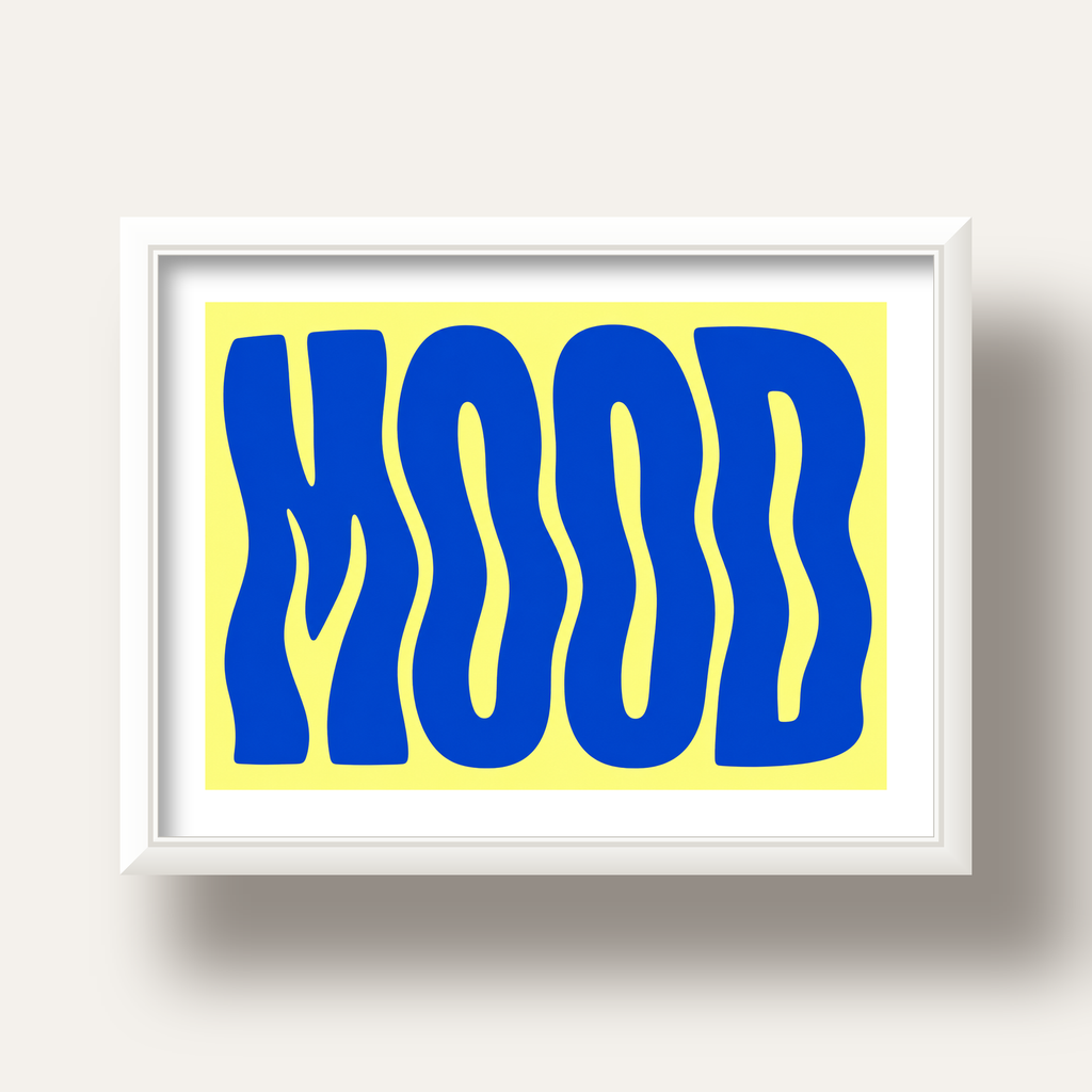 Minimal Dalgalı MOOD Yazılı Renkli Poster Baskı — beyaz derin çerçeveli paspartulu