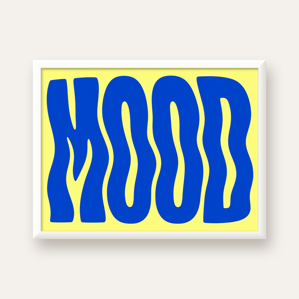 Minimal Dalgalı MOOD Yazılı Renkli Poster Baskı — beyaz çerçeveli yatay poster