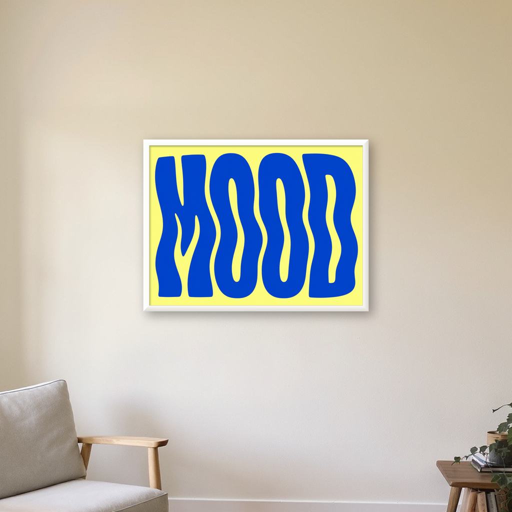 Minimal Dalgalı MOOD Yazılı Renkli Poster Baskı — beyaz çerçeveli yatay poster
