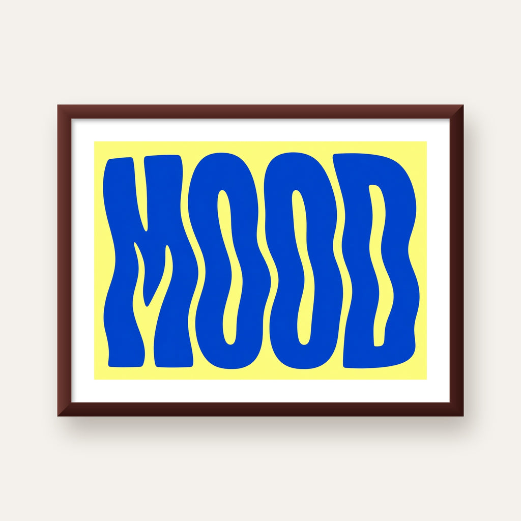 Minimal Dalgalı MOOD Yazılı Renkli Poster Baskı — ceviz çerçeveli paspartulu