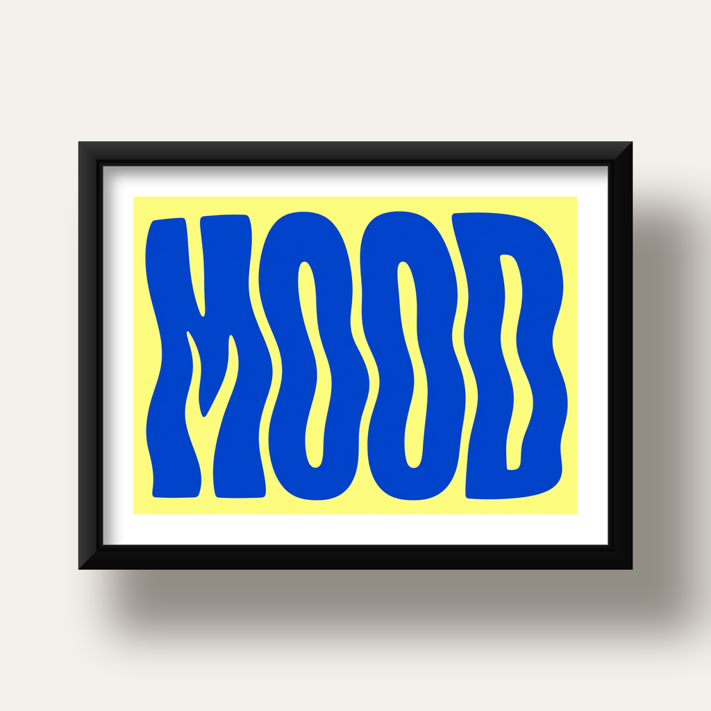 Minimal Dalgalı MOOD Yazılı Renkli Poster Baskı — siyah derin çerçeveli paspartulu