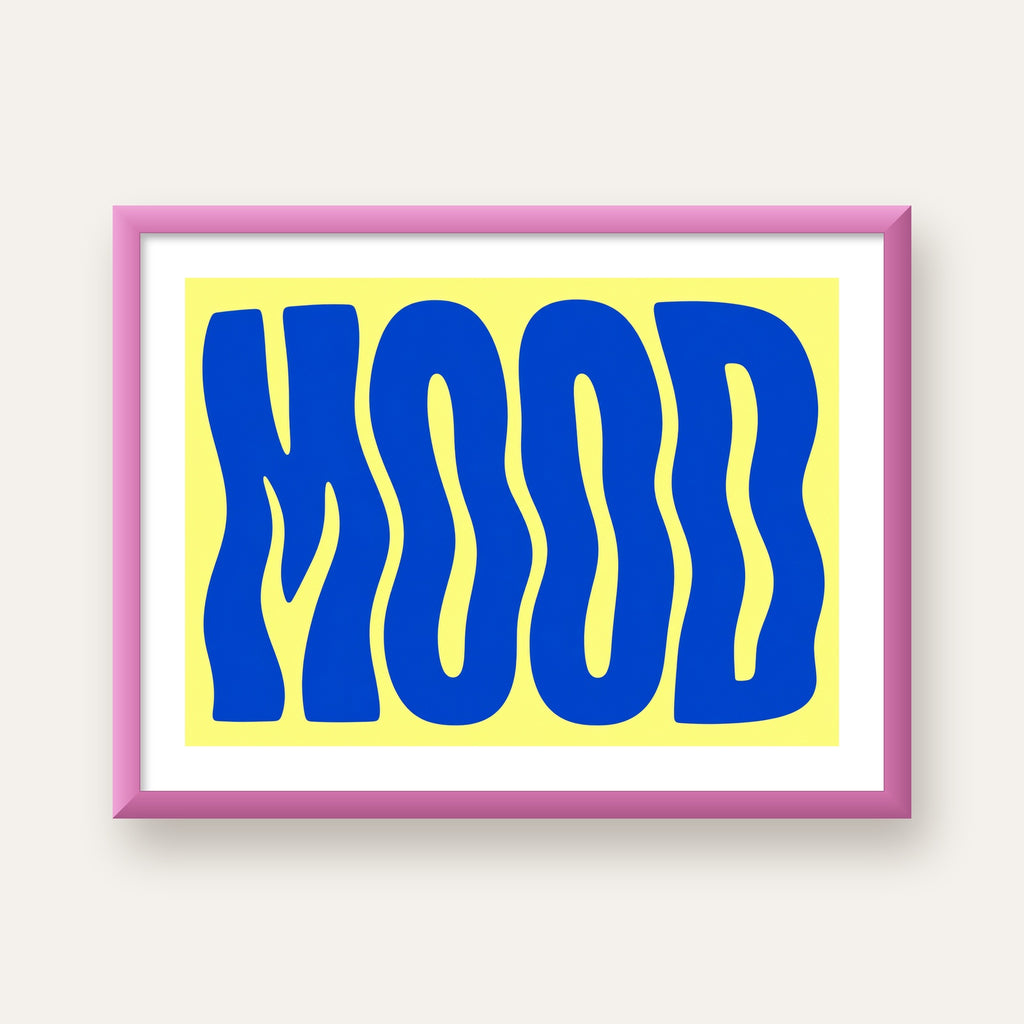 Minimal Dalgalı MOOD Yazılı Renkli Poster Baskı — pembe çerçeveli paspartulu