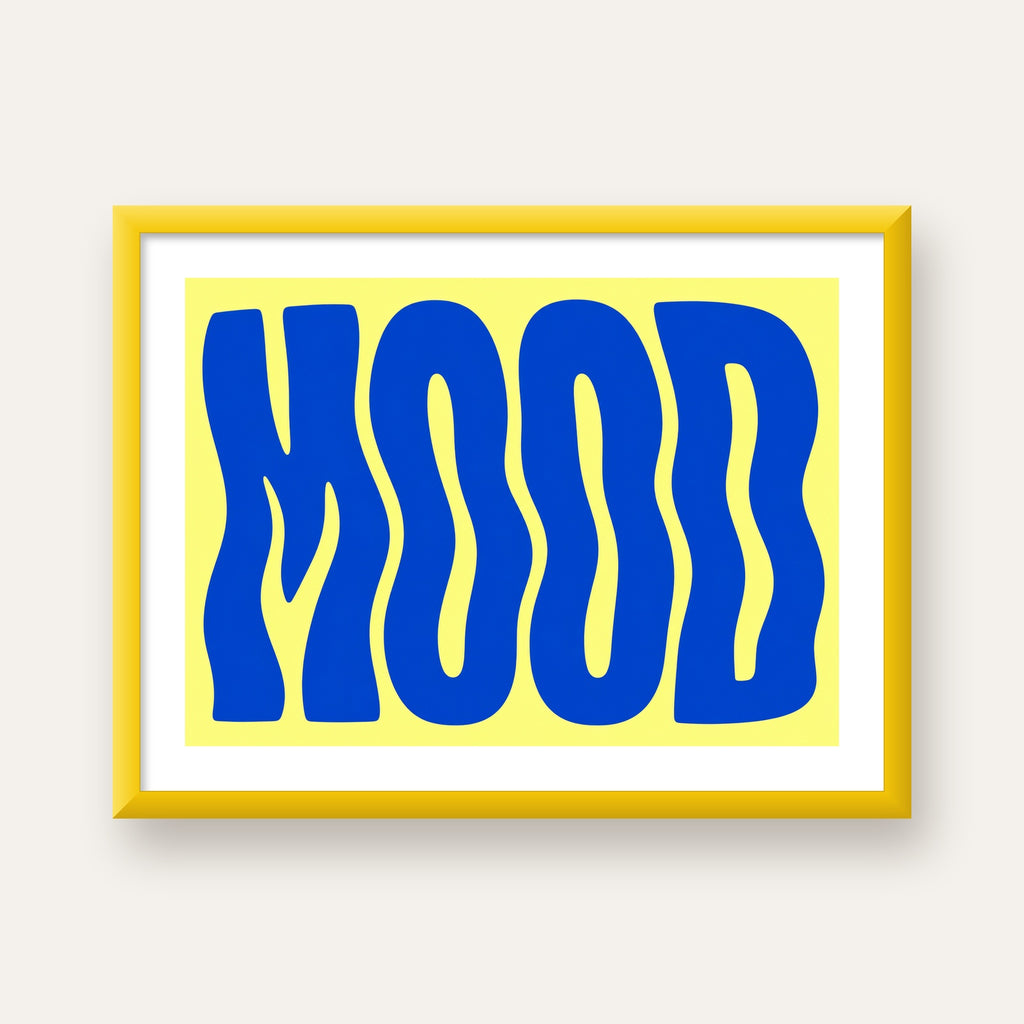 Minimal Dalgalı MOOD Yazılı Renkli Poster Baskı — sarı çerçeveli paspartulu