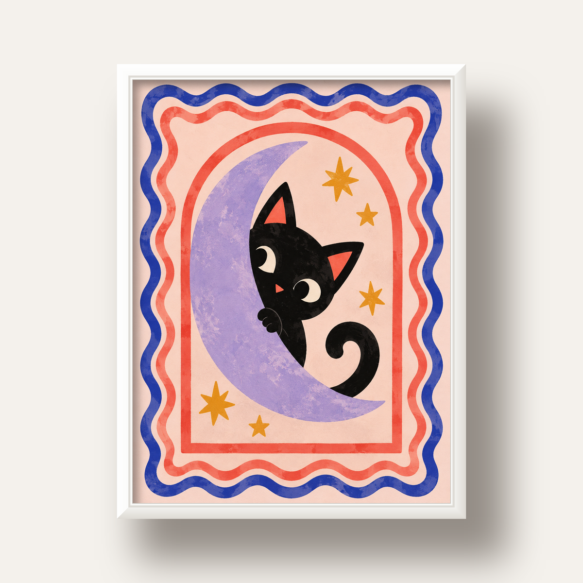 Ayda Siyah Kedi ve Yıldızlar Modern Çizgili Poster — beyaz derin çerçeveli