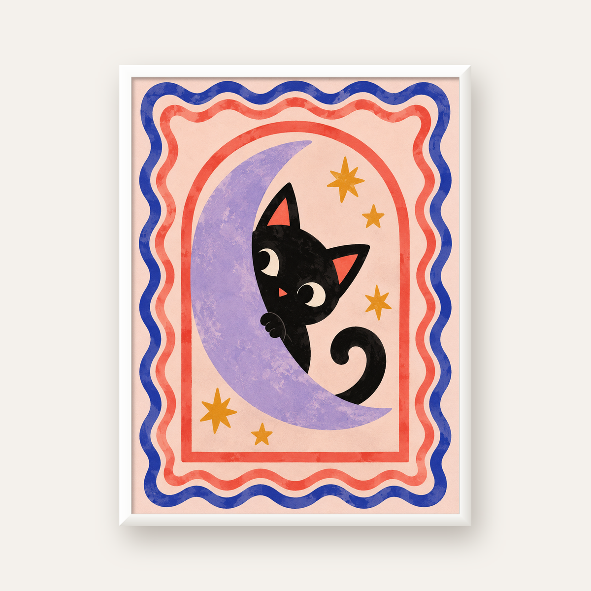 Ayda Siyah Kedi ve Yıldızlar Modern Çizgili Poster — beyaz çerçeveli dikey poster