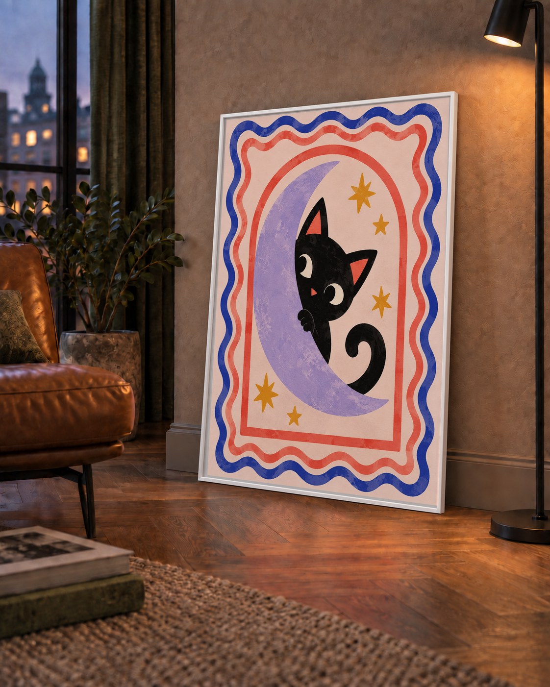 Ayda Siyah Kedi ve Yıldızlar Modern Çizgili Poster — çerçeveli hâliyle bir ev duvarında