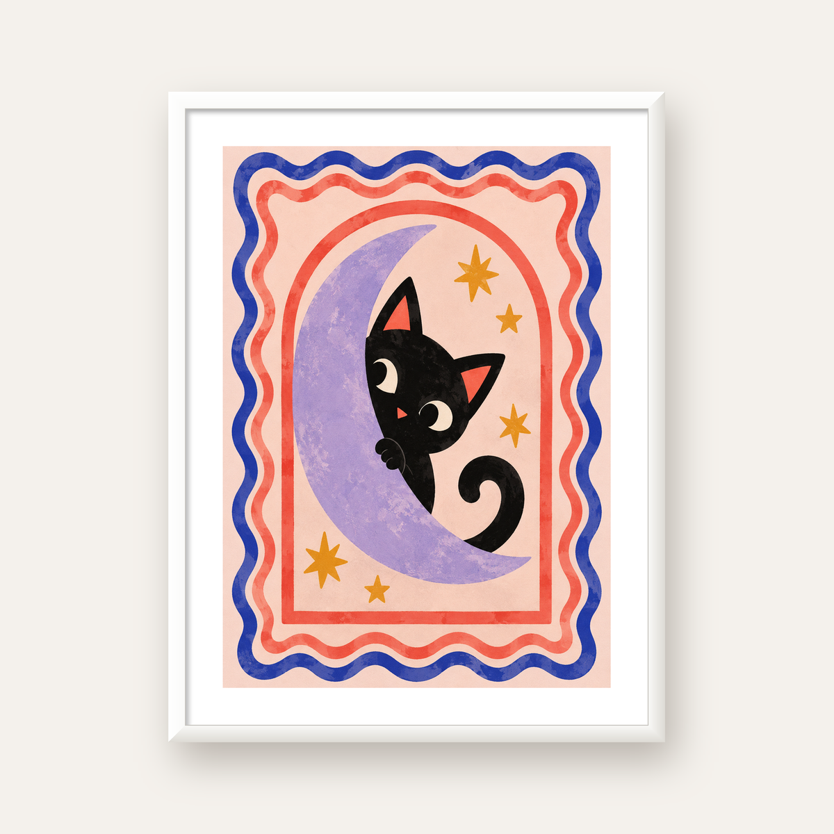 Ayda Siyah Kedi ve Yıldızlar Modern Çizgili Poster — beyaz çerçeveli dikey poster