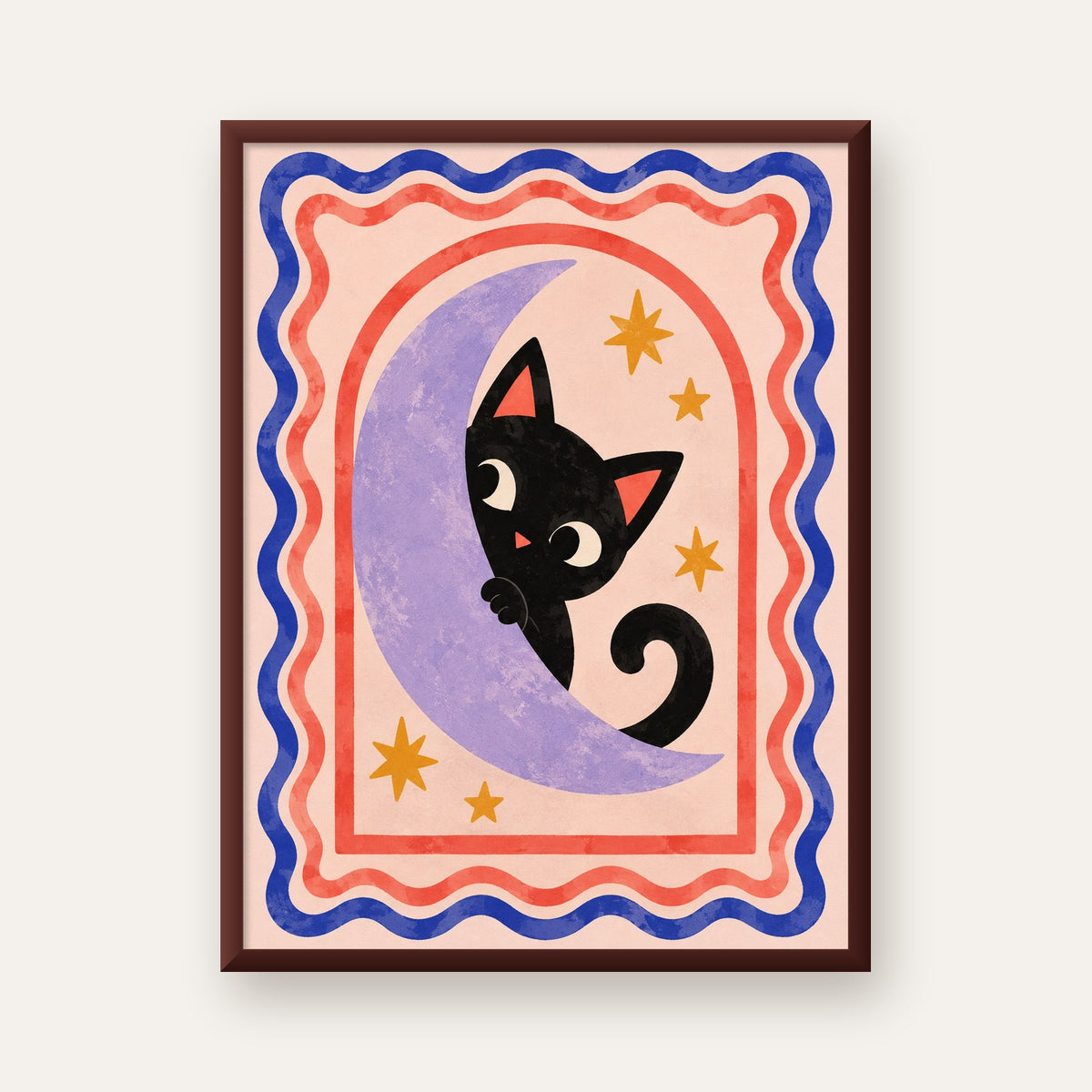 Ayda Siyah Kedi ve Yıldızlar Modern Çizgili Poster — ceviz çerçeveli