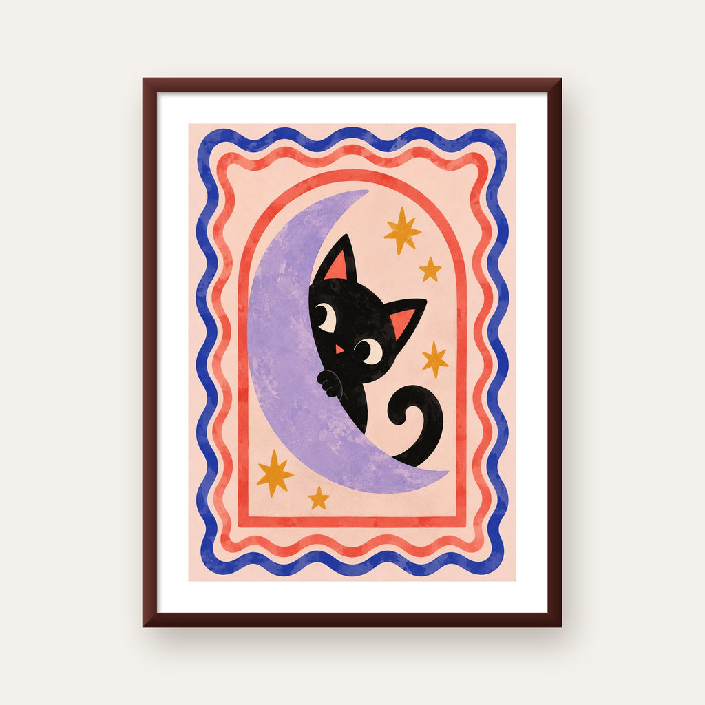 Ayda Siyah Kedi ve Yıldızlar Modern Çizgili Poster — ceviz çerçeveli paspartulu