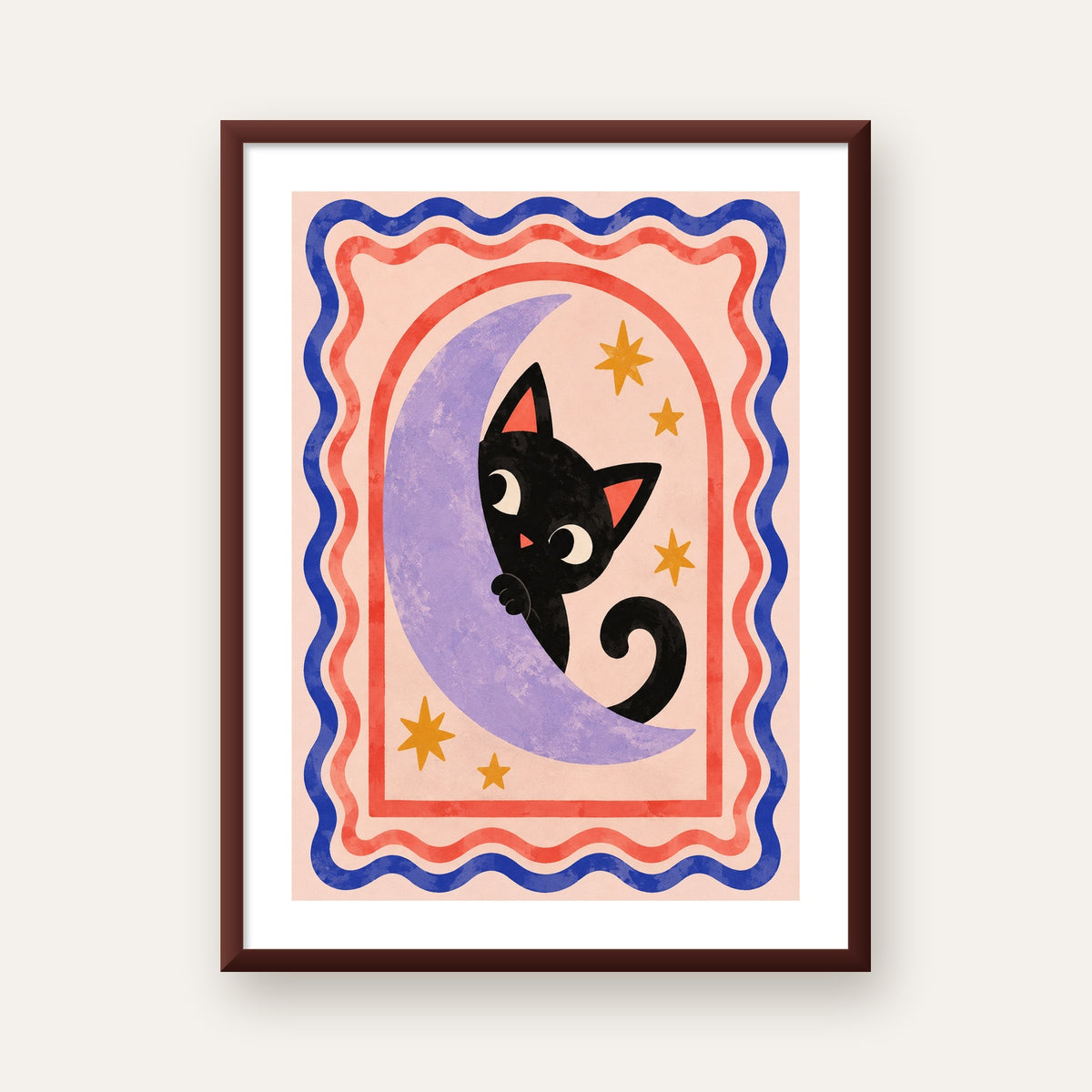 Ayda Siyah Kedi ve Yıldızlar Modern Çizgili Poster — ceviz çerçeveli paspartulu