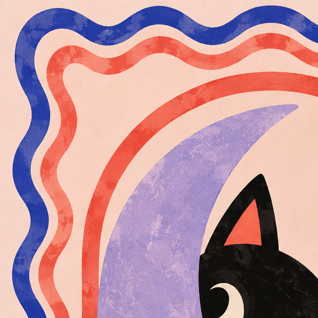 Ayda Siyah Kedi ve Yıldızlar Modern Çizgili Poster — baskının yakın çekimi, kâğıt dokusu ve renk detayı