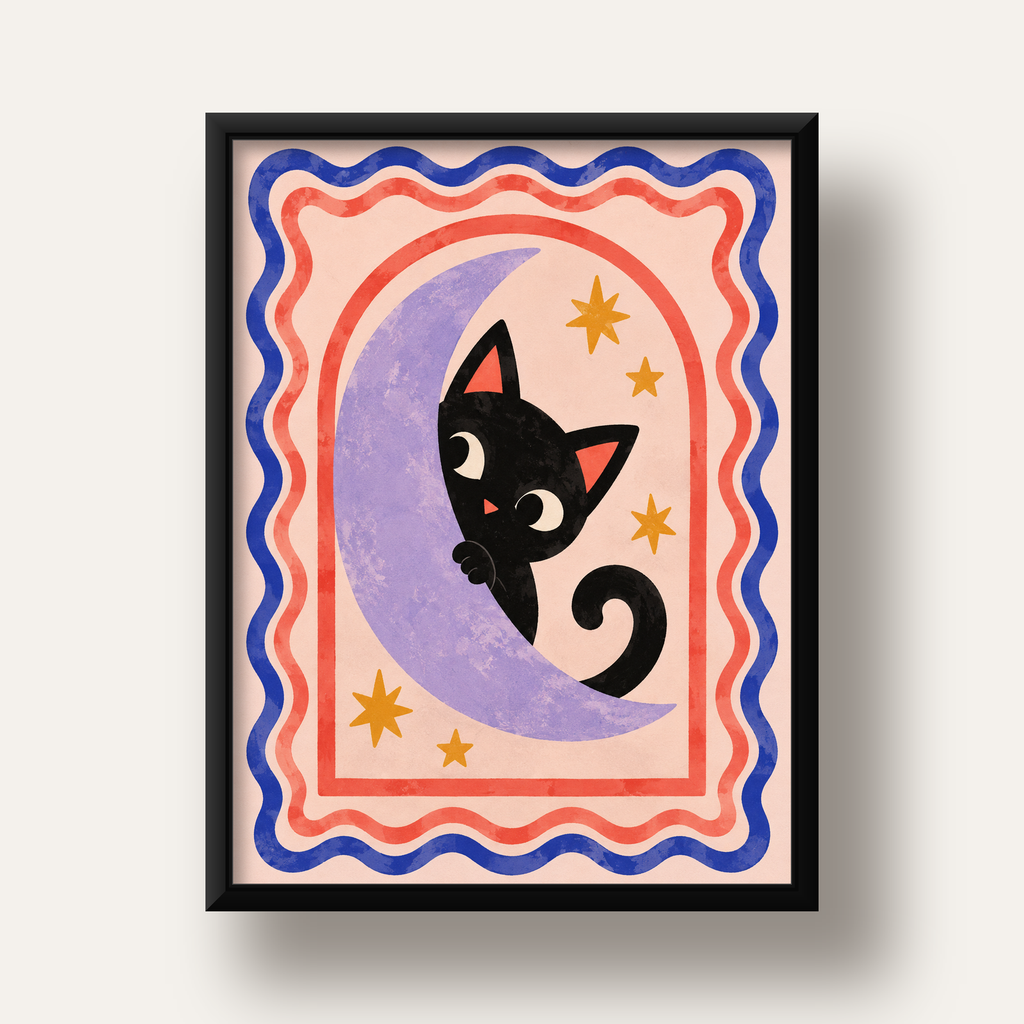 Ayda Siyah Kedi ve Yıldızlar Modern Çizgili Poster — siyah derin çerçeveli