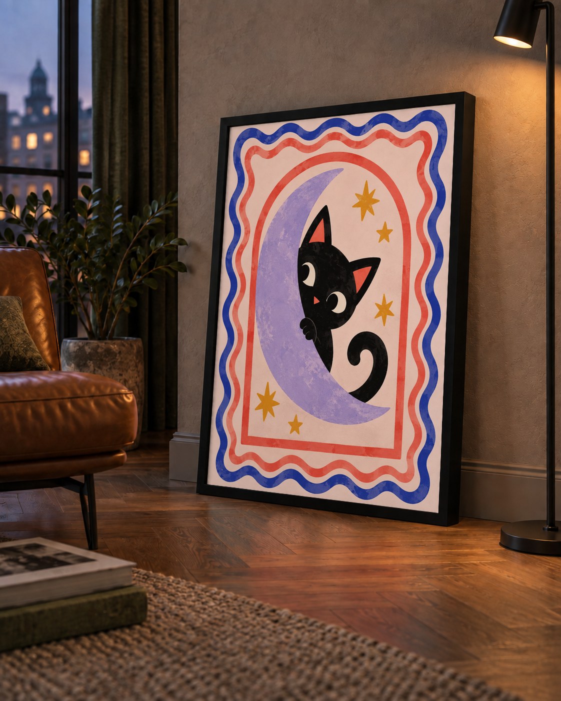 Ayda Siyah Kedi ve Yıldızlar Modern Çizgili Poster — çerçeveli hâliyle bir ev duvarında