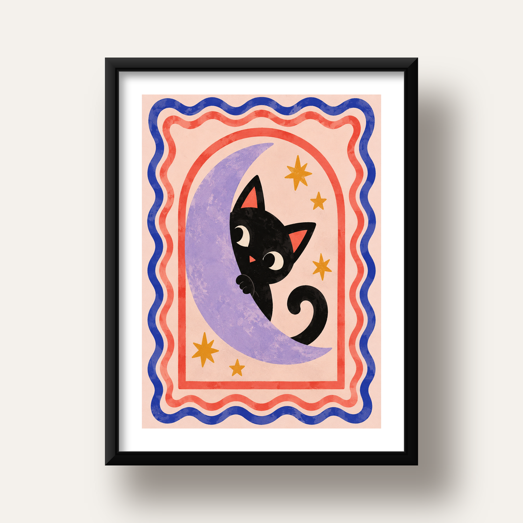 Ayda Siyah Kedi ve Yıldızlar Modern Çizgili Poster — siyah derin çerçeveli paspartulu