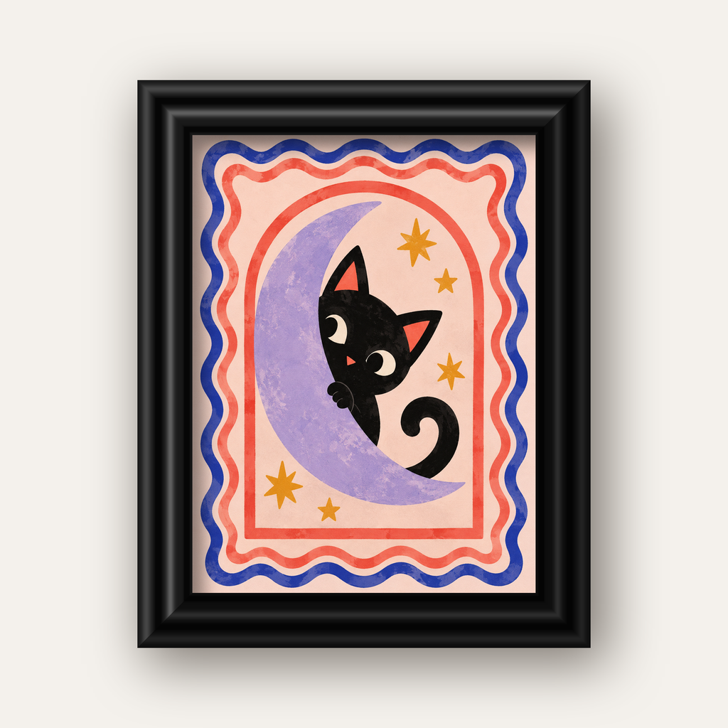 Ayda Siyah Kedi ve Yıldızlar Modern Çizgili Poster — siyah galeri çerçeveli