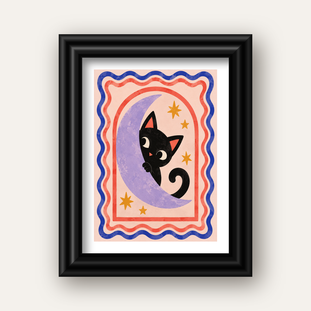 Ayda Siyah Kedi ve Yıldızlar Modern Çizgili Poster — siyah galeri çerçeveli paspartulu
