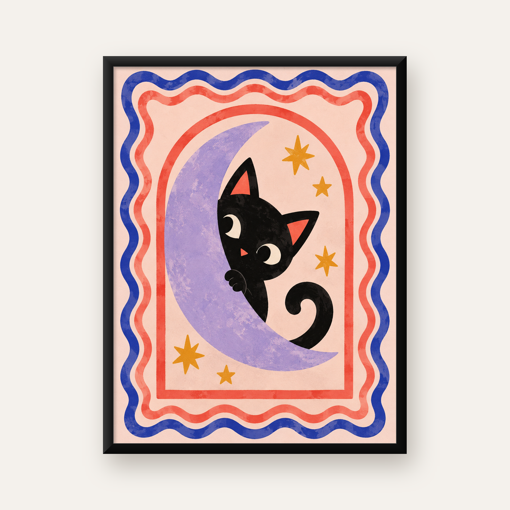 Ayda Siyah Kedi ve Yıldızlar Modern Çizgili Poster — Dikey baskı, düz siyah çerçeveli duvar posteri