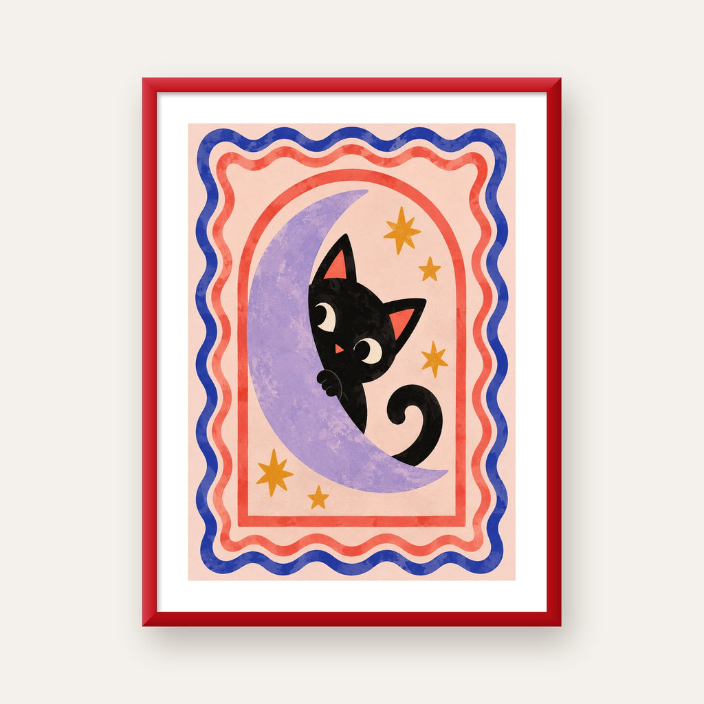 Ayda Siyah Kedi ve Yıldızlar Modern Çizgili Poster — kırmızı çerçeveli paspartulu